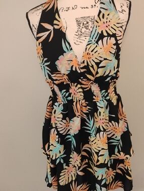 Black Tropical Print Halter Dress - Brand Unspecified